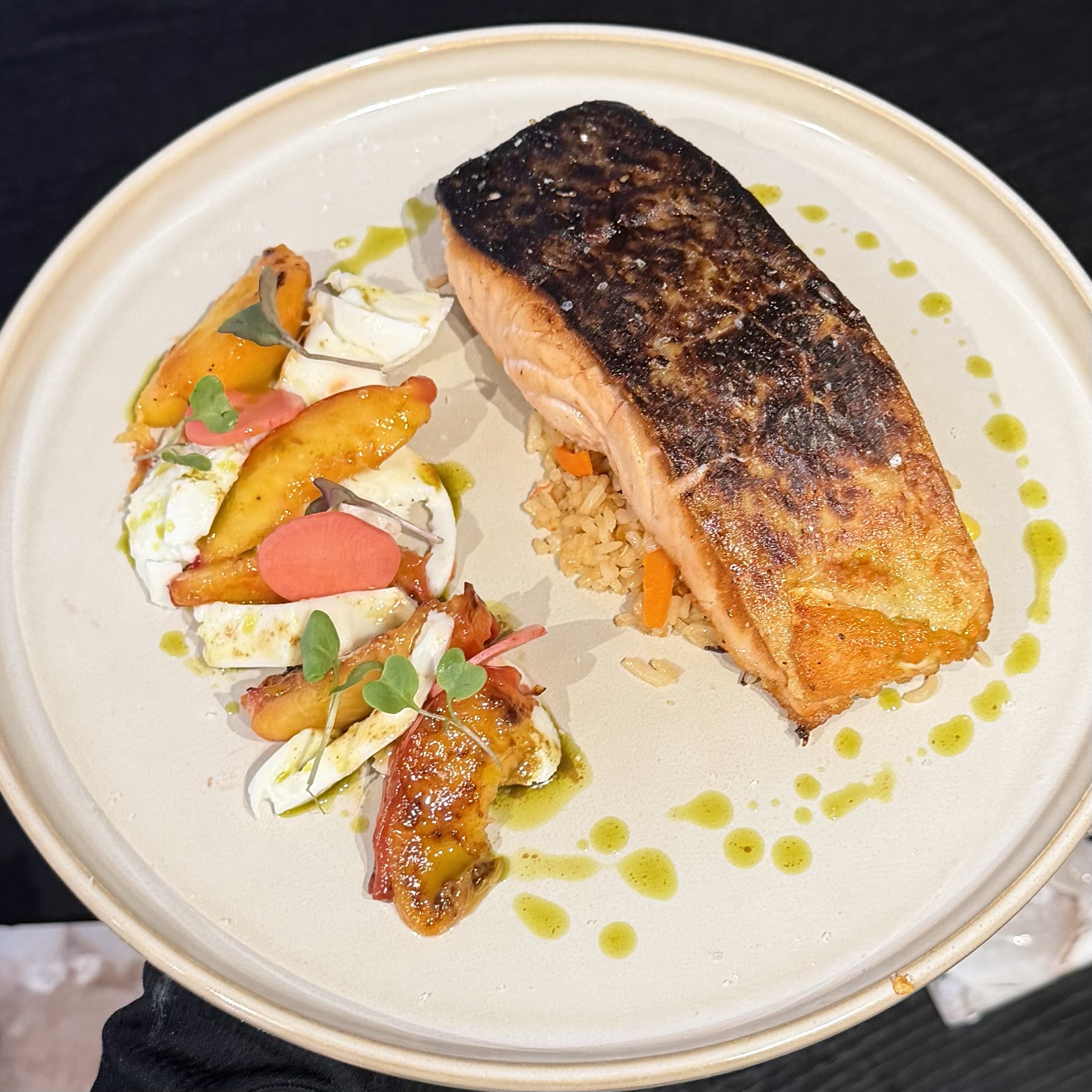 Salmon with peach burrata