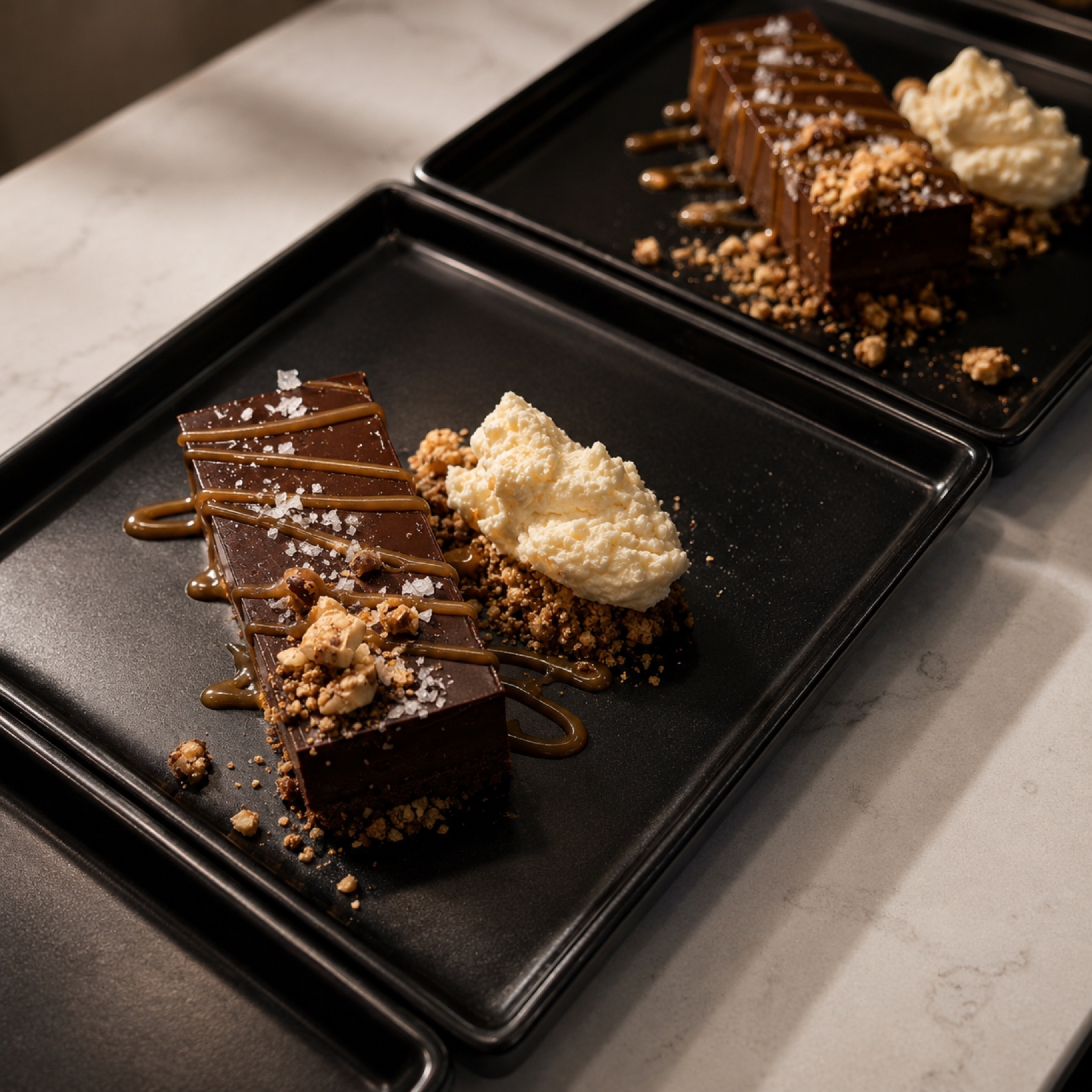 Chocolate mille-feuille with caramel, sea salt, hazelnut crumble and whipped cream