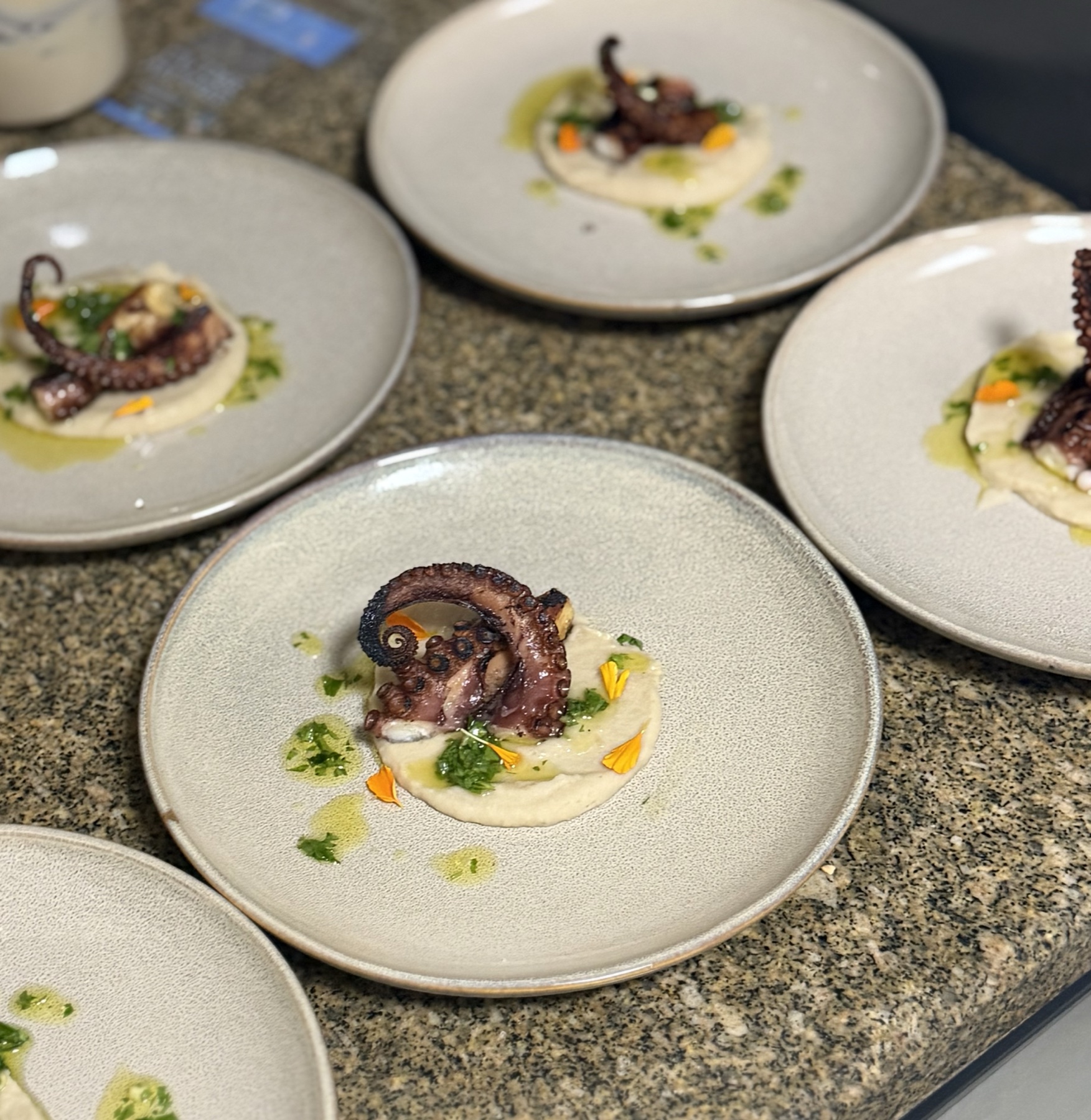 Grilled octopus tentacle over white bean purée with parsley oil and marigold